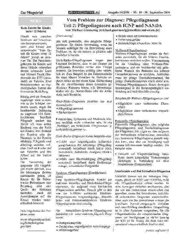 Vorschauseite 4: Vom Problem zur Diagnose: Pflegediagnosen Teil 2: Pflegediagnosen nach ICNP und NANDA