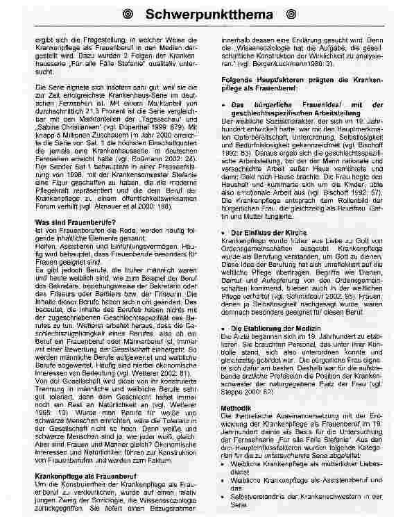 Vorschauseite 2: Krankenpflege als Frauenberuf in den MedienEine exemplarische Untersuchung der Fernsehserie Für alle Fälle Stefanie