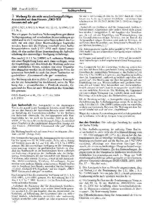 Vorschauseite 1: Werbung für ein nicht verschreibungspflichtiges Arzneimittel mit dem Hinweis „ÖKO-TEST Gesamturteil sehr gut ZPO § 927; UWG § 5; WasG HE $$ lls 3; HWG § 11 I I Nr. 2