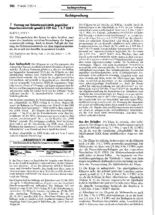 Vorschauseite 1: Vorrang von Rabattarzneimitteln gegenüber Importarzneimitteln gemäß § 129 Abs. 1 S. 7 SGB V