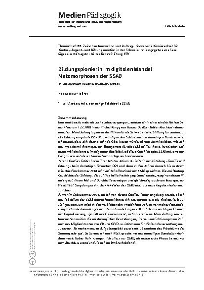 Vorschauseite 1: Bildungspionierin im digitalen Wandel Metamorphosen der SSAB