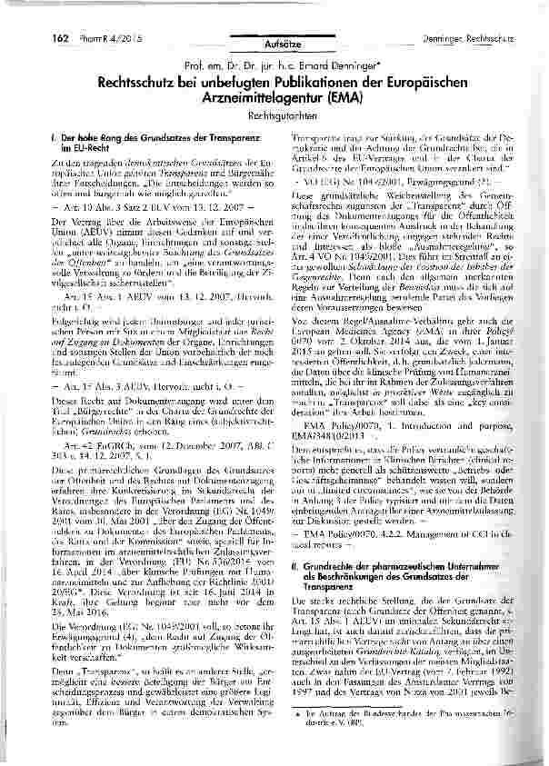 Vorschauseite 1: Rechtsschutz bei unbefugten Publikationen der EuropäischenArzneimittelagentur (EMA)