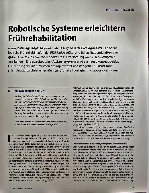 Vorschauseite 1: Roboterische Systeme erleichtern Frührehabilitation.