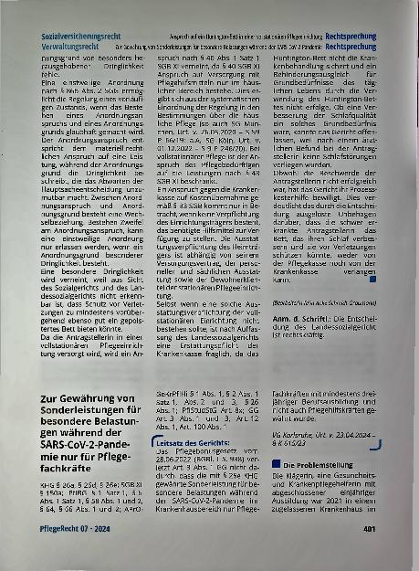 Vorschauseite 1: Zur Gewährung von Sonderleistungen für besondere Belastungen während der SARS-CoV-2-Pandemie nur für Pflegefachkräfte.