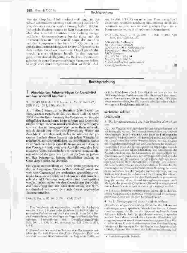 Vorschauseite 1: Abschluss von Rabattverträgen für Arzneimittel mit dem Wirkstoff Mesalazin