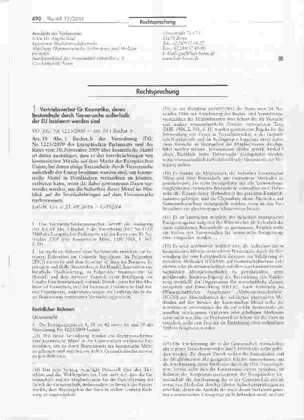 Vorschauseite 1: Vertriebsverbot für Kosmetika, deren Bestandteile durch Tierversuche außerhalb der EU bestimmt worden sind