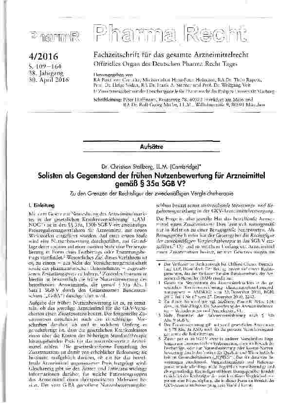Vorschauseite 1: Solisten als Gegenstand der frühen Nutzenbewertung für Arzneimittelgemäß § 35a SGB V?