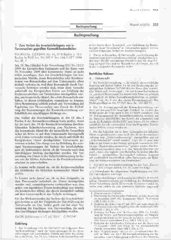 Vorschauseite 1: Zum Verbot des Inverkehrbringens von in Tierversuchen geprüften Kosmetikoestandteilen