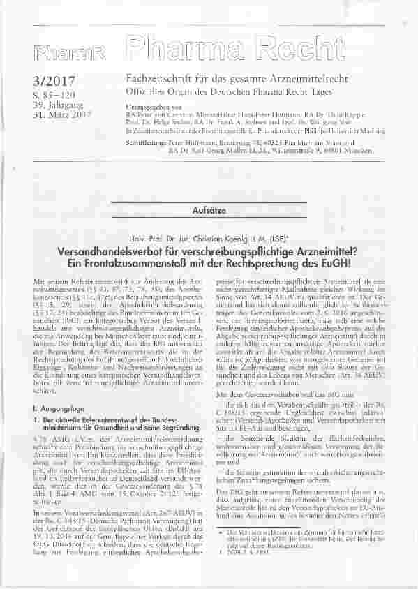 Vorschauseite 1: Versandhandelsverbot für verschreibunaspflichtige Arzneimittel? Ein Frontalzusammenstoß mit der Recntsprechung des EuGH!