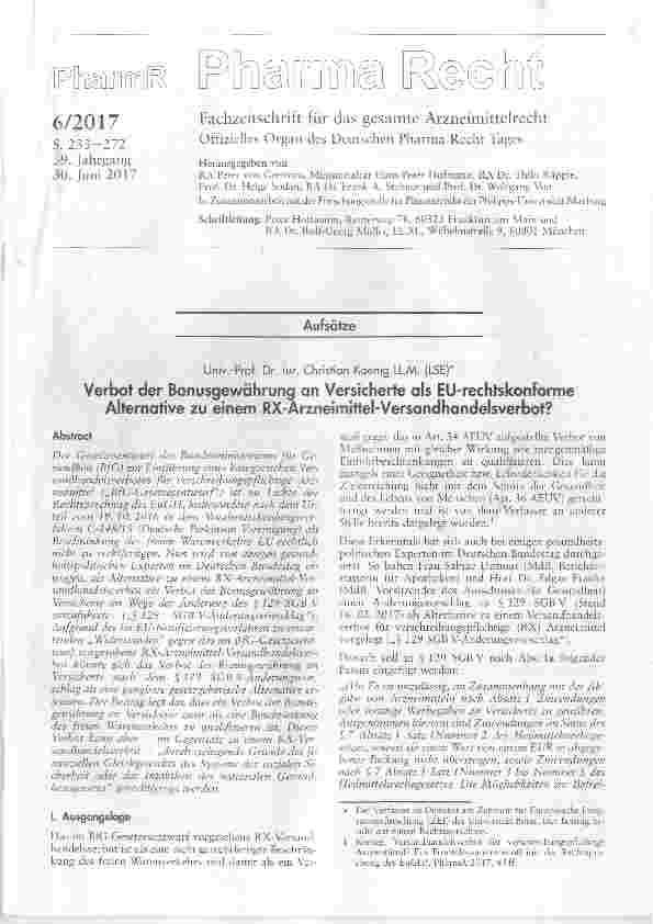 Vorschauseite 1: Verbot der Bonusgewährung an Versicherte als EU-rechtskonforme Alternative zu einem RX-Arzneimittel-Versondhandelsverbot?