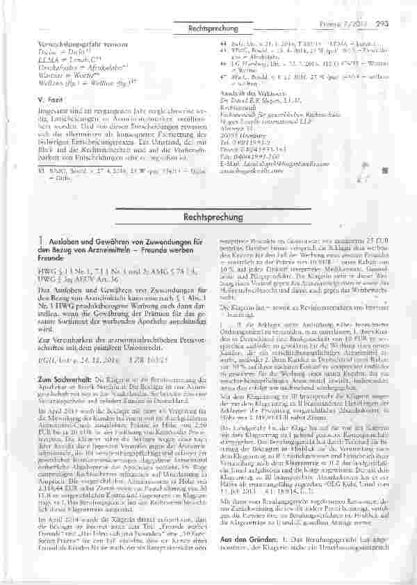 Vorschauseite 1: Ausloben und Gewähren von Zuwendungen für den Bezug von Arzneimitteln Freunde werben Freunde