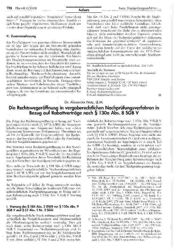 Vorschauseite 1: Die Rechtswegeröffnung in vergaberechtlichen Nachprüfungsverfahren in Bezug auf Rabattverträge nach § 130a Abs. 8 SGB V