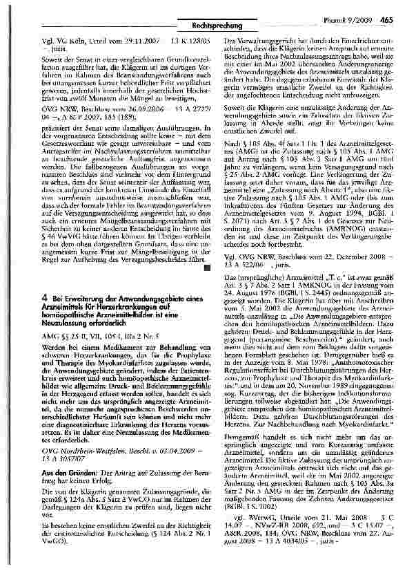 Vorschauseite 1: Bei Erweiterung der Anwendungsgebiete eines Arzneimittels für Herzerkrankungen auf homöopathische Arzneimittelbilder ist eine Neuzulassung erforderlich