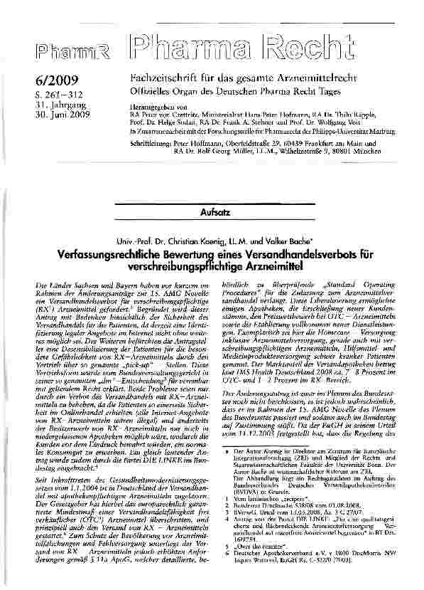 Vorschauseite 1: Verfassungsrechtliche Bewertung eines Versandhandelsverbots für verschreibungspflichtige Arzneimittel