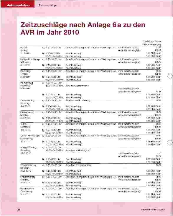 Vorschauseite 1: Zeitzuschläge nach Anlage 6 a zu den AVR im Jahr 2010
