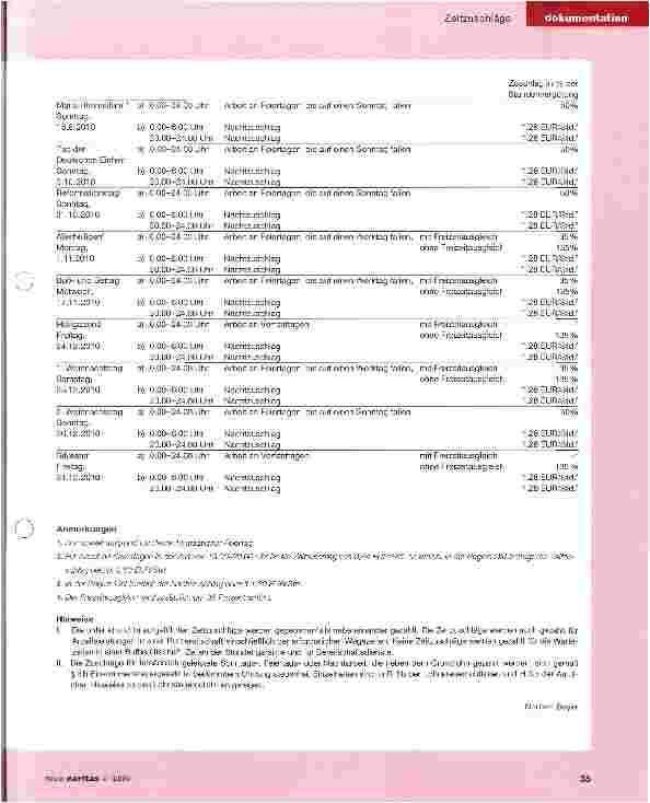 Vorschauseite 2: Zeitzuschläge nach Anlage 6 a zu den AVR im Jahr 2010