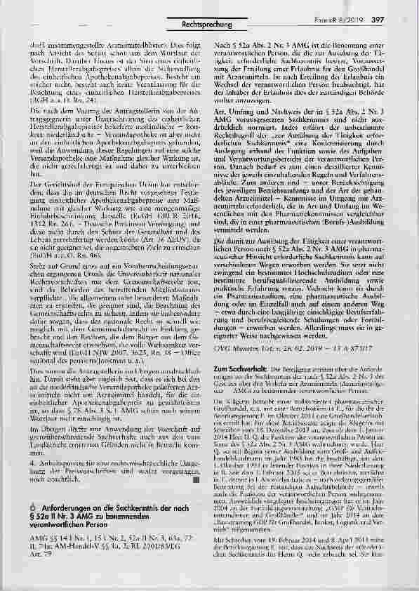 Vorschauseite 1: Anforderungen an die Sachkenntnis der nach § 52a II Nr. 3 AMG zu benennenden verantwortlichen PersonAMG §§ 14 I Nr. 1, 15 I Nr. 2, 52a II Nr. 3, 63a, 72 II, 74a; AM-HandelsV §§ la…