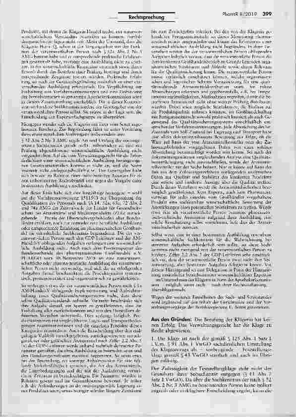 Vorschauseite 3: Anforderungen an die Sachkenntnis der nach § 52a II Nr. 3 AMG zu benennenden verantwortlichen PersonAMG §§ 14 I Nr. 1, 15 I Nr. 2, 52a II Nr. 3, 63a, 72 II, 74a; AM-HandelsV §§ la…