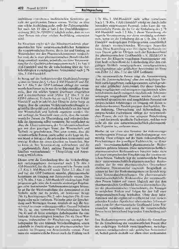 Vorschauseite 6: Anforderungen an die Sachkenntnis der nach § 52a II Nr. 3 AMG zu benennenden verantwortlichen PersonAMG §§ 14 I Nr. 1, 15 I Nr. 2, 52a II Nr. 3, 63a, 72 II, 74a; AM-HandelsV §§ la…