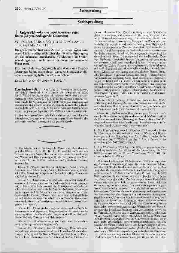 Vorschauseite 1: 1 Unionsbildmarke aus zwei konvexen roten Linien (Gegenüberliegende Klammern)VO (EG) Art. 7 I lit. b; VO (EU) 2017/1001 Art. 7 I lit. b, 66; UMV Art. 7 I lit. b