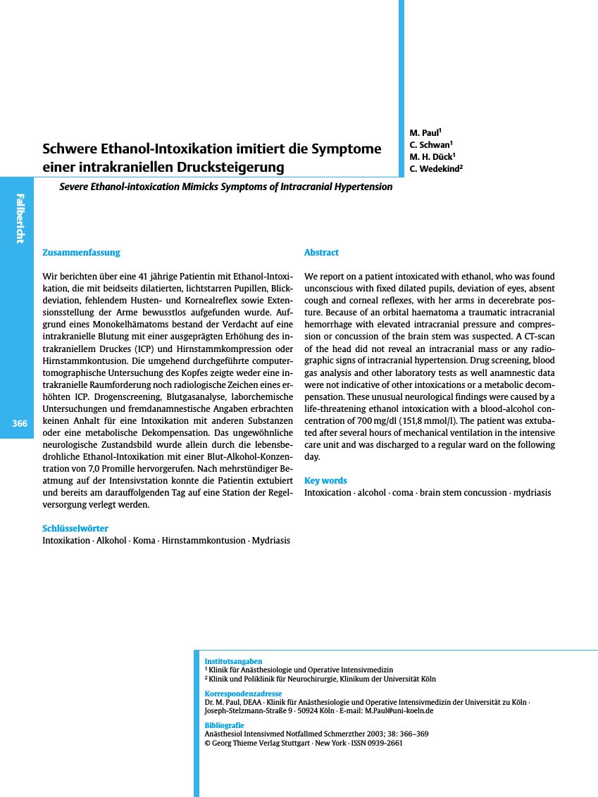 Vorschauseite 1: Schwere Ethanol-Intoxikation imitiert die Symptome einer intrakraniellen Drucksteigerung