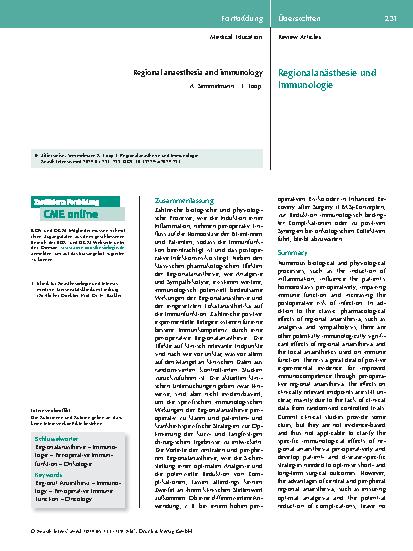 Vorschauseite 1: Regionalanästhesie und Immunologie