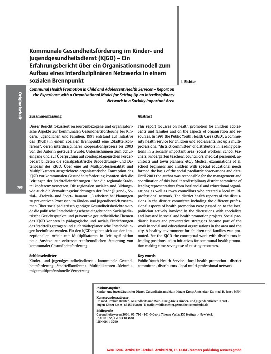 Vorschauseite 1: Kommunale Gesundheitsförderung im Kinderund Jugendgesundheitsdienst (KJGD) - Ein Erfahrungsbericht über ein Organisationsmodell zum Aufbau eines interdisziplinären Netzwerks in ei…