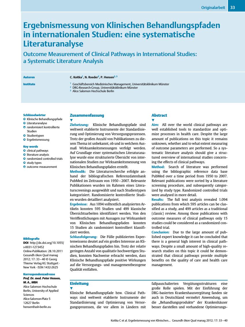 Vorschauseite 1: Ergebnismessung von Klinischen Behandlungspfaden in internationalen Studien: eine systematische Literaturanalyse