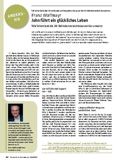 Vorschauseite 2: John führt ein glückliches Leben. Wie Schottland die UN-Behindertenrechtskonvention umsetzt.