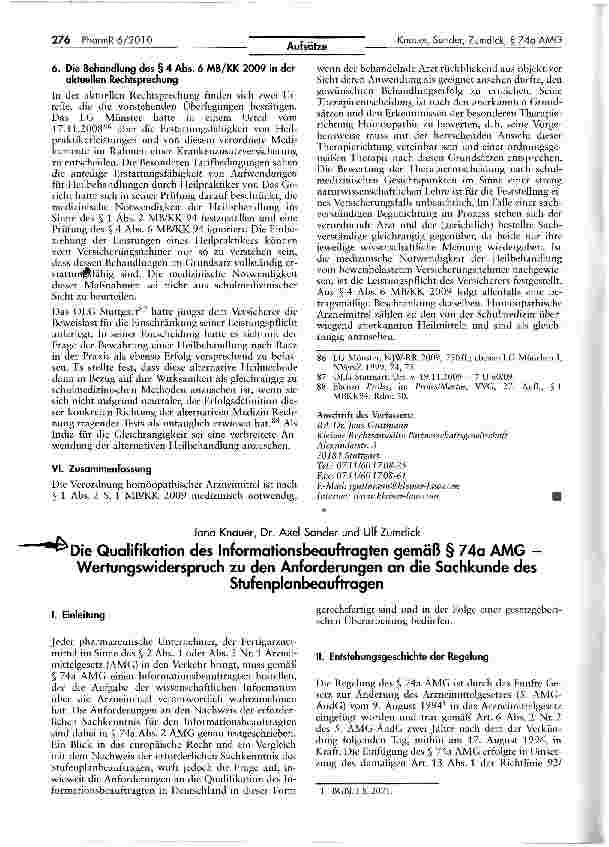 Vorschauseite 1: Die Qualifikation des Informationsbeauftragten gemäß § 74a AMG -Wertungswiderspruch zu den Anforderungen an die Sachkunde desStufenplanbeauftragen