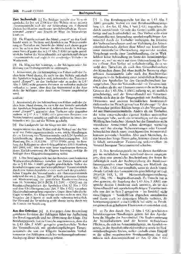 Vorschauseite 2: Verbot des Versandhandels mit Tierarzneimitteln AMG§43;GG Art. 12, 20a