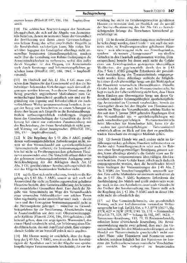 Vorschauseite 3: Verbot des Versandhandels mit Tierarzneimitteln AMG§43;GG Art. 12, 20a