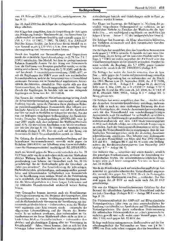 Vorschauseite 2: Verbot der Bonuszahlung auf Internet-Versandhandel anwendbar EGBGB Art. 34; UWG §§ 4, 8; AMG § 78; AMPreisV §§ 1, 3; HWG 5 7