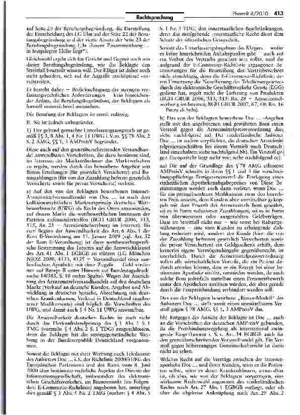 Vorschauseite 4: Verbot der Bonuszahlung auf Internet-Versandhandel anwendbar EGBGB Art. 34; UWG §§ 4, 8; AMG § 78; AMPreisV §§ 1, 3; HWG 5 7