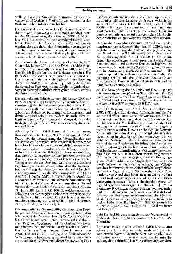Vorschauseite 6: Verbot der Bonuszahlung auf Internet-Versandhandel anwendbar EGBGB Art. 34; UWG §§ 4, 8; AMG § 78; AMPreisV §§ 1, 3; HWG 5 7