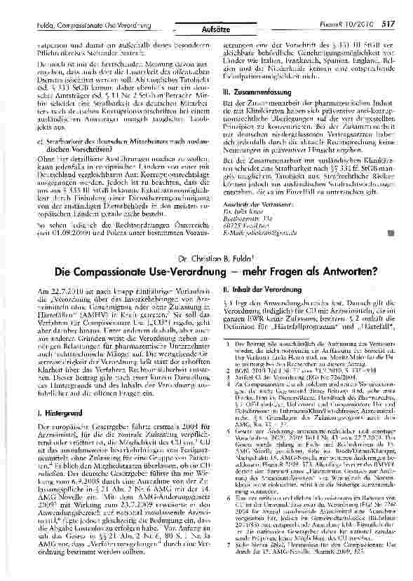 Vorschauseite 1: Die Compassionate Use-Verordnung — mehr Fragen als Antworten?