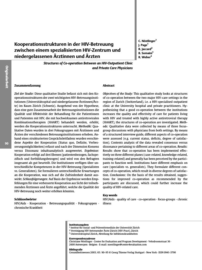 Vorschauseite 1: Kooperationsstrukturen in der HIV-Betreuung zwischen einem spezialisierten HIV-Zentrum und niedergelassenen Ärztinnen und Ärzten