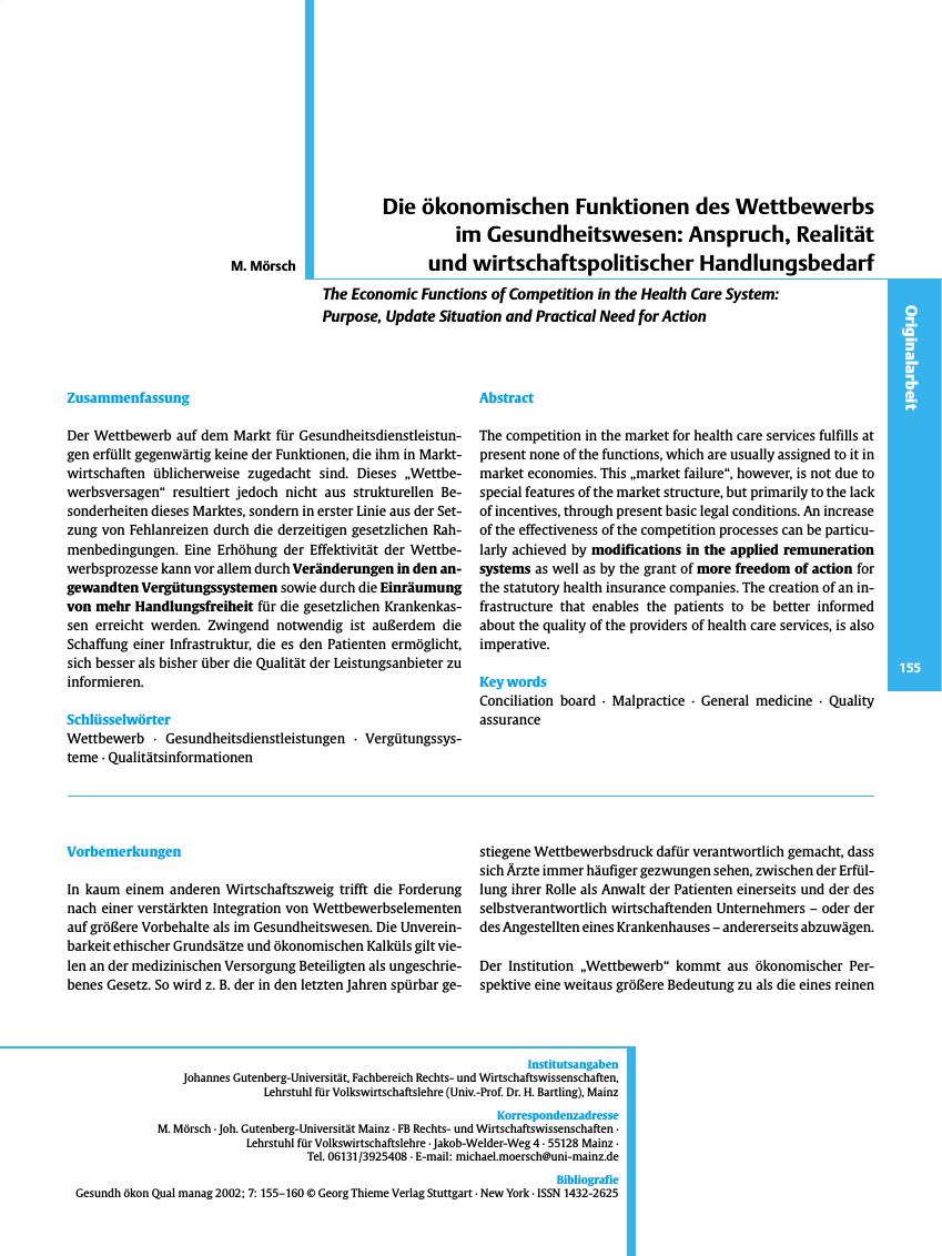 Vorschauseite 1: Die ökonomischen Funktionen des Wettbewerbs im Gesundheitswesen: Anspruch, Realität und wirtschaftspolitischer Handlungsbedarf