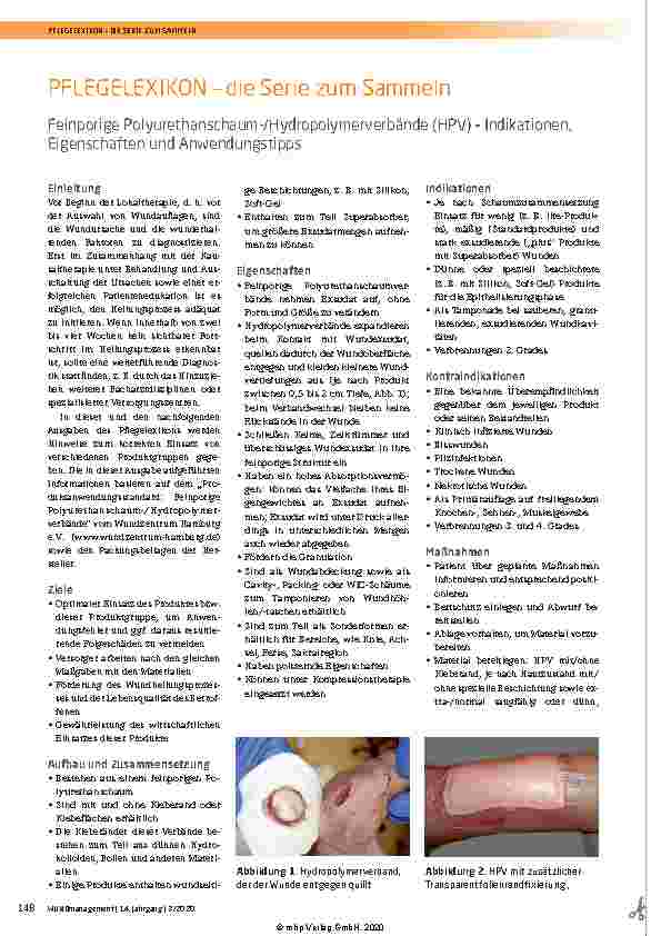 Vorschauseite 1: PFLEGELEXIKON – die Serie zum Sammeln Feinporige Polyurethanschaum-/Hydropolymerverbände (HPV) – Indikationen, Eigenschaften und Anwendungstipps