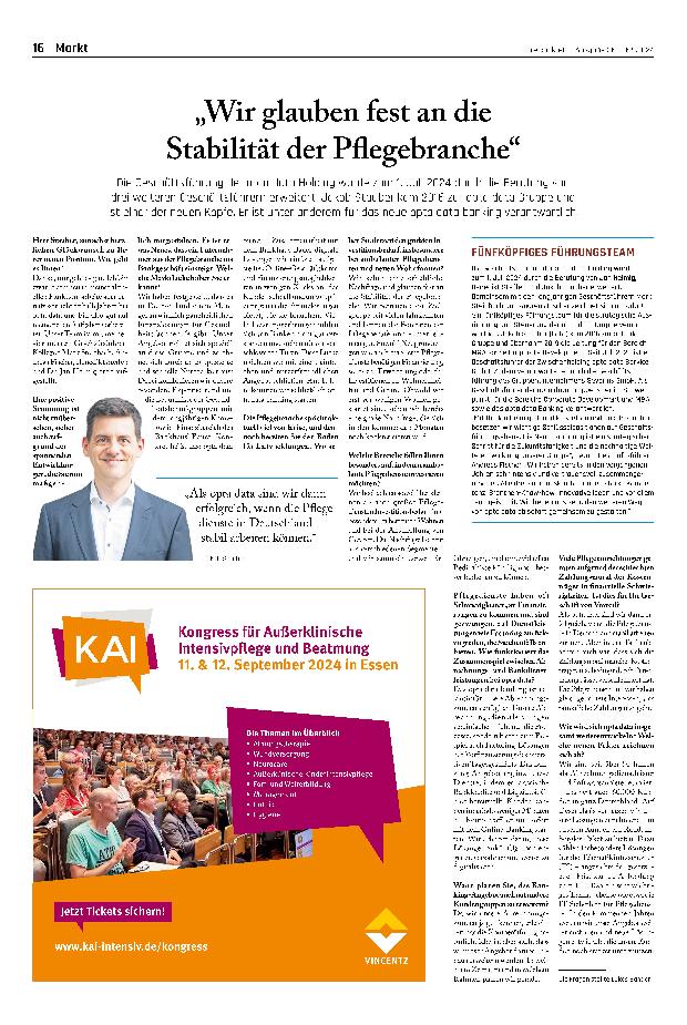 Vorschauseite 1: „Wir glauben fest an die Stabilität der Pflegebranche.“