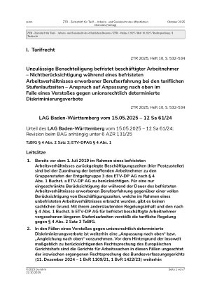 Vorschauseite 1: I. Tarifrecht Unzulässige Benachteiligung befristet beschäftigter Arbeitnehmer