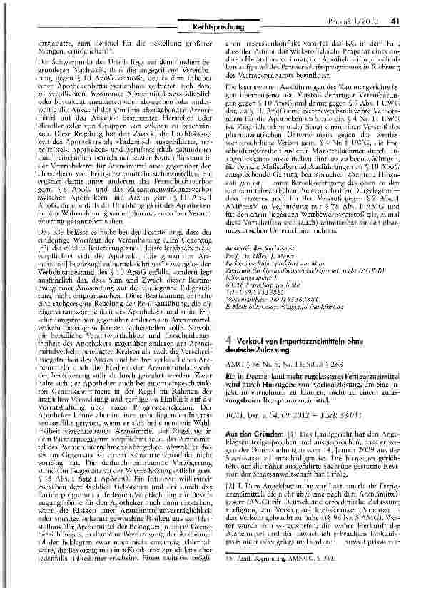 Vorschauseite 1: Verkauf von Importarzneimitteln ohne deutsche Zulassung AMG § 96 Nr. 5, Nr. 13; StGB § 263