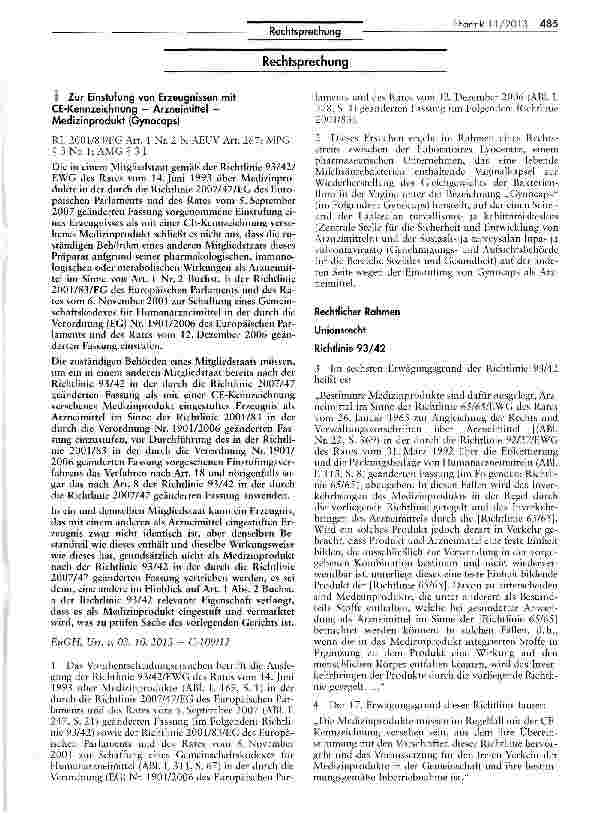 Vorschauseite 1: Zur Einstufung von Erzeugnissen mit CE-Kennzeichnung - Arzneimittel -Medizinprodukt (Gynocaps) RL 2001/83/EG Art. 1 Nr. 2 b; AEUV Art. 267; MPG § 3 Nr. 1; AMG § 3 I