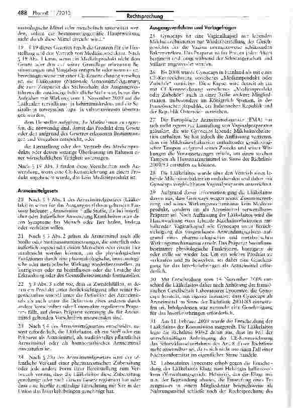 Vorschauseite 4: Zur Einstufung von Erzeugnissen mit CE-Kennzeichnung - Arzneimittel -Medizinprodukt (Gynocaps) RL 2001/83/EG Art. 1 Nr. 2 b; AEUV Art. 267; MPG § 3 Nr. 1; AMG § 3 I