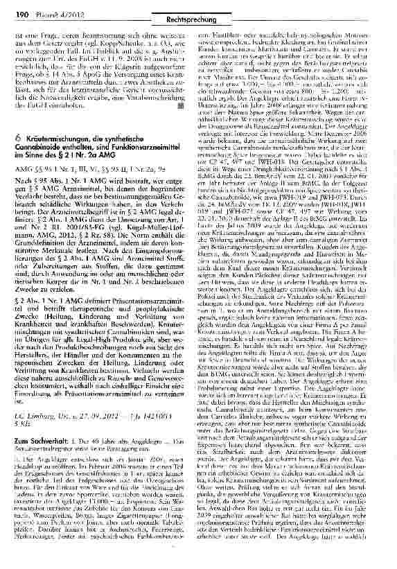 Vorschauseite 1: Kräutermischungen, die synthetische Cannabinoide enthalten, sind Funktionsarzneimittel im Sinne des § 2 I Nr. 2a AMG AMG §§ 95 I Nr. 1, III, VI; §§ 95 II, I Nr. 2a, 98