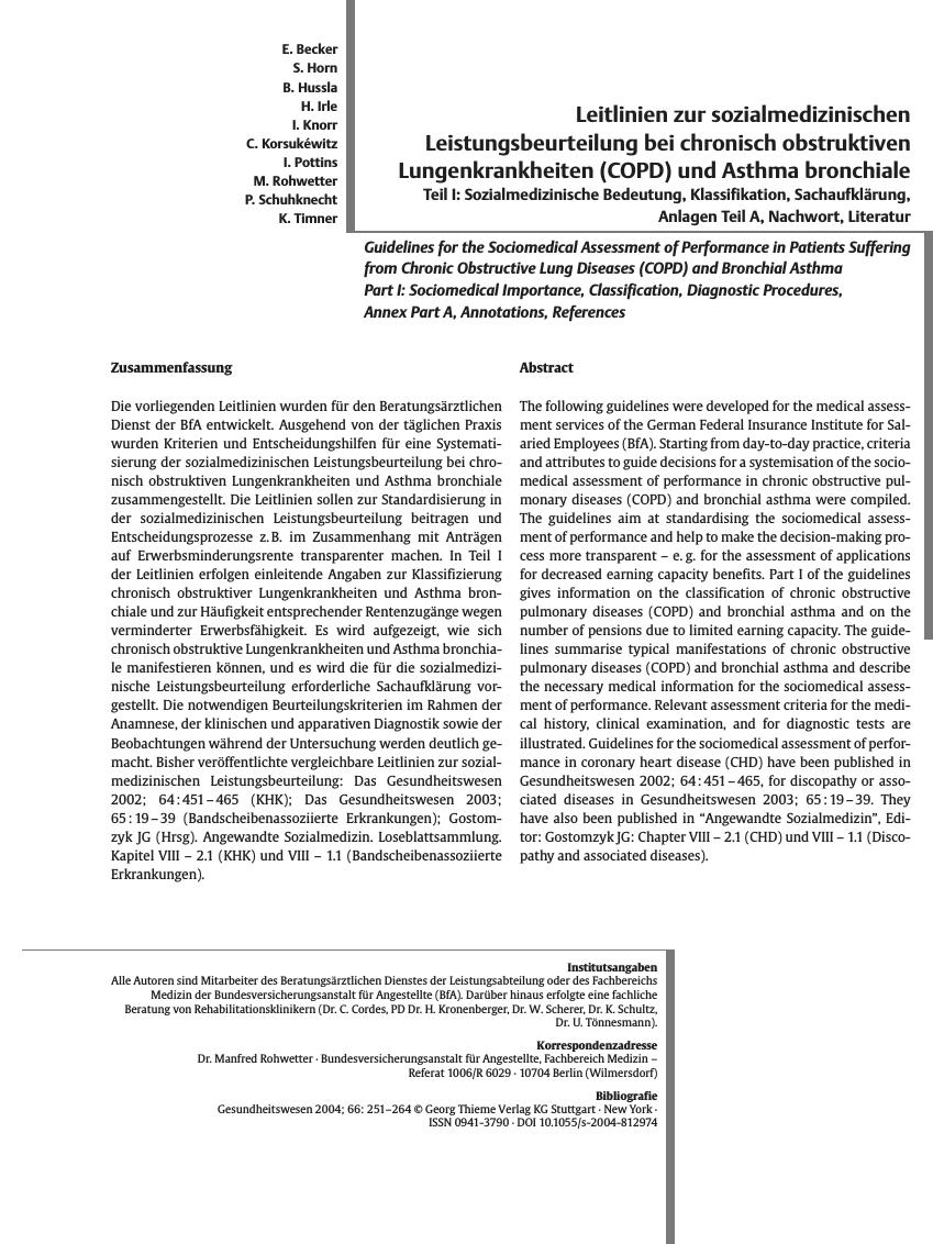 Vorschauseite 1: Leitlinien zur sozialmedizinischen Leistungsbeurteilung bei chronisch obstruktiven Lungenkrankheiten (COPD) und Asthma bronchiale
