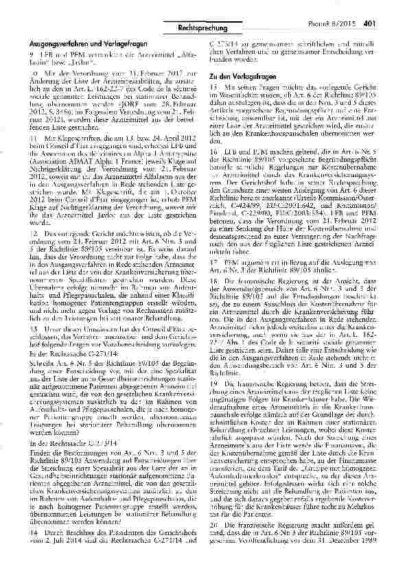 Vorschauseite 3: Begründungspflicht bei Streichung eines Arzneimittels aus der Liste der von den Krankenversicherungssystemen erstatteten KostenRL 89/105/EWG Art. 6
