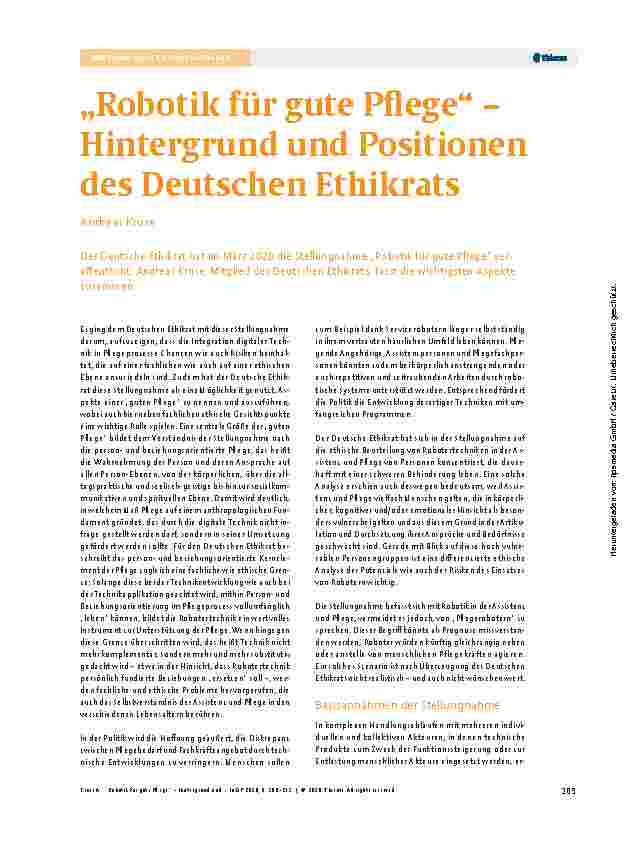 Vorschauseite 1: "Robotik für gute Pflege" – Hintergrund und Positionen des Deutschen Ethikrats