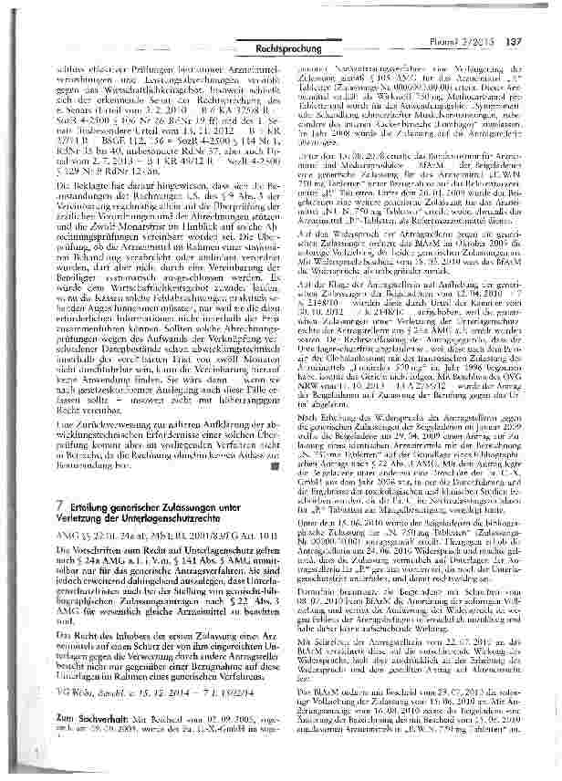 Vorschauseite 1: Erteilung generischer Zulassungen unter Verletzung der UnterlagenschutzrechteAMG S$ 22 III, 24a aF, 24b I; RL 2001/83/EG Art. 10 II