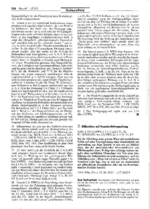 Vorschauseite 1: Bildzeichen auf Arzneimittelverpackung AMG § 10 I 5; HWG § 3 S. 1 und 2 Nr. 3a;RL 2001/83/EG Art. 62; UWG §§ 3, 4 Nr. 11, 8 I